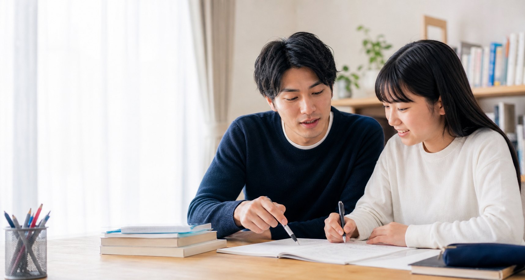 講師と生徒が机を囲んで数学を学んでいる温かい雰囲気の写真